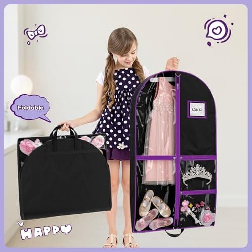 Costume Garment Bags for Dancers, Garment Bags with 3 Clear Zipper Pockets, Clothes Covers Protector Bags for Suits, Travel & Sports Jersey, Cheer Uniform, Cosplay (Purple, 1 Pack (40inches)) — view 5