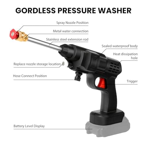 21V 35bar-High Pressure Cordless Pressure Washer, 6-in-1 Adjustable Nozzle, 240L/h Portable Pressure Washer with Battery, 5m Hose, for Car Floor Garden Cleaning Watering (B-2 batteries) — view 2