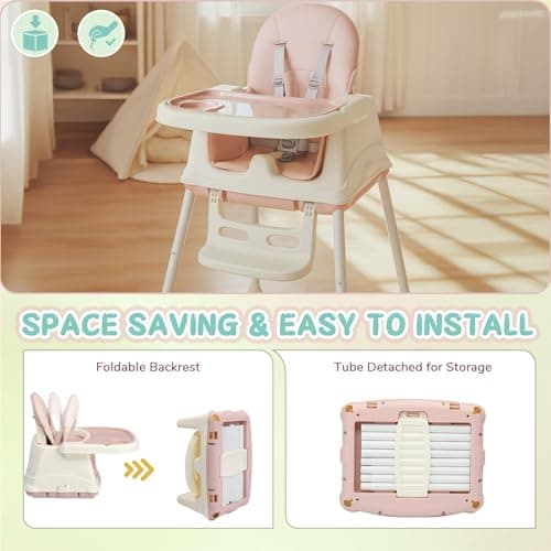 LALAHO 3-in-1 Baby High Chair W/ 5-Point Harness and Locking Wheels, Pink — view 3