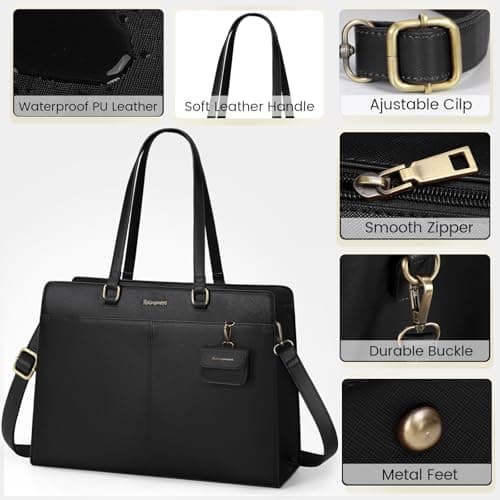 RAINSMORE Laptop Bag for Women 15.6 Inch Work Tote Bags Waterproof PU Leather Handbag Shoulder Bags Business Office School Briefcase Black — view 4