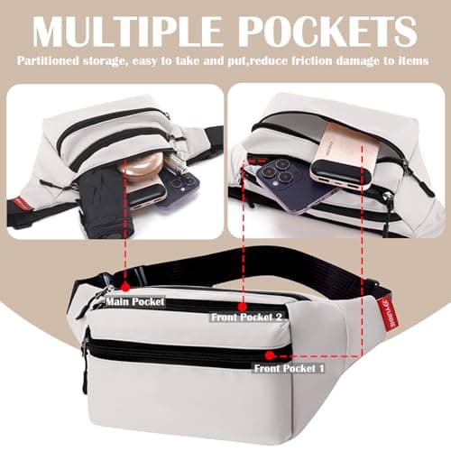 Risipu Bum Bag for Men Women, Lightweight Water-Resistant Waist Packs with Adjustable Belt & 3 Zipper Pockets, Fashionable Fanny Pack for Travel, Running, Hiking, Cycling (White) — view 4