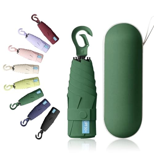 Detontek 6 Ribs Mini Travel Umbrella, Mini Folding Umbrella, Small Umbrella, Pocket Umbrella, Umbrella With Buckle Handle, Dual Purpose, With Storage Box (Dark Green)