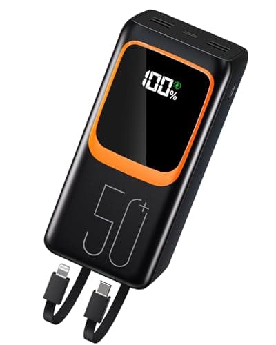 50000mAh Power Bank with Built-in Cable: 22.5W Fast Charging External Battery with Large Capacity, Portable Charger with LED Flashlight and 7 Outputs & 3 Inputs-Black