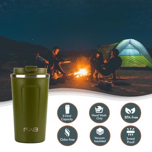 FAB Travel Mug, Reusable Coffee Cup (510ml, Army Green) - Double Wall Stainless Steel with Screw Lid - Thermal Camping Cup, Vacuum Insulated for Hot and Cold Drinks, Eco-Friendly — view 3