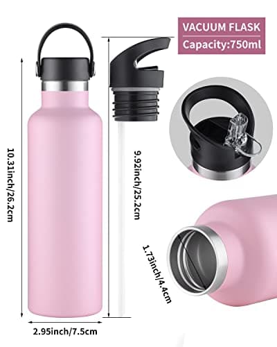 Sivaphe Water Bottle Insulated Bottle Drink Flasks Leak-Proof for Sports Outdoor Stainless Steel, Double Walled Vacuum with Lids and Straw 750ml Pink — view 4