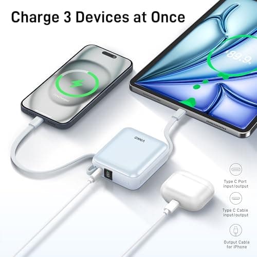 VINKO Small Power Bank with Built-in Cable,10000mAh Fast Charging Power Bank, 22.5W USB C Portable Charger, Mini Battery Pack for iPhone 16 15 14 13 Samsung Galaxy Google Android (Blue) — view 3