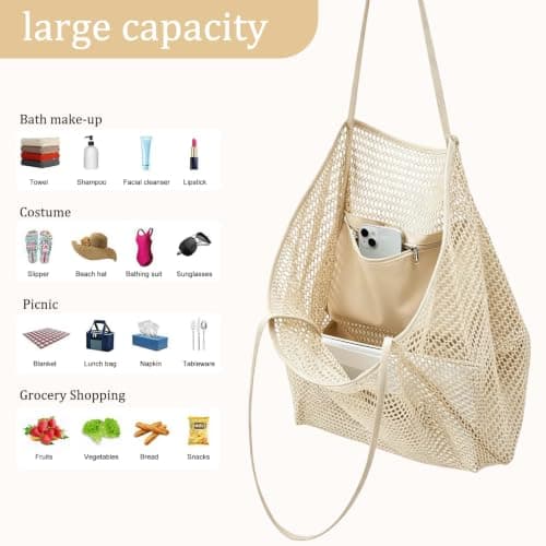 WSXQAZ Summer Beach Bags for Women, Summer Beach Tote Bag, Large Mesh Tote Bags for Women, Net Bag, Reusable & Lightweight Shopping Bagg, for Picnic Holiday Travel Grocery — view 3