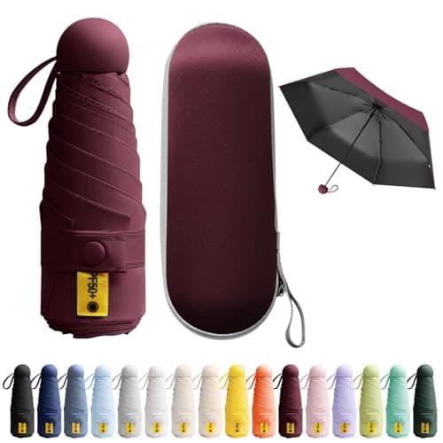 Detontek Mini Folding Travel Umbrella, Mini Travel Umbrella, Pocket Umbrella, Dual Purpose, Compact And Portable, With Storage Box (Wine Red)