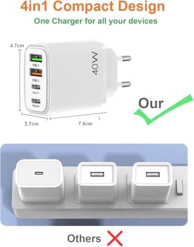 EU travel adapter charger, fast charging 2 USB C and 2 USB A European plugs, European wall adapter with 2 USBA port and 2 Type C ports, Compatible with fast charging of iPhone/Samsung and others — view 5