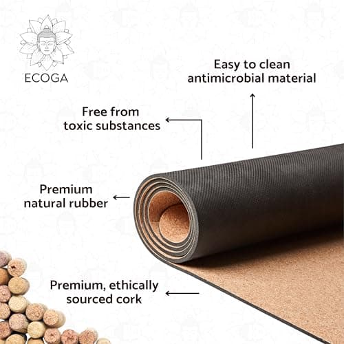 Ecoga Cork Yoga Mat With Alignment Lines - Thick Mat with Natural Rubber Base - Nonslip, Eco-friendly Pilates Mat for Stretching, Gym Workout & Therapy - Includes Yoga Mat Bag and Carry Strap — view 2