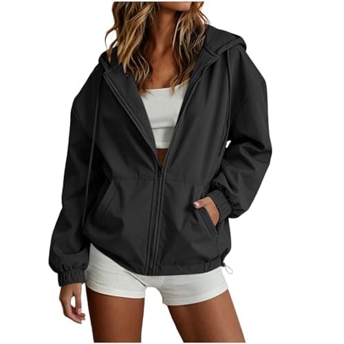 Flodxo Women’S Lightweight Waterproof Jacket with Hood Packable Rain Coat for Women UK, Casual Windbreaker Jacket Ladies, Outdoor Hiking Running Travel Summer Raincoat with Pockets Black M