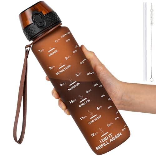 GOPPUS 1L/32oz Tritan Water Bottle with Straw-Soft Matte Finish Leakproof Drink Bottle with Measurements Bottles with Flip Top Motivational Bottles with Time Marks for Adults BPA Free (Brown)