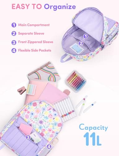 VASCHY Kids Preschool Backpack, Cute Lightweight Quilted School Bag for Girls Ages 4–6 Lavender Floral — view 3