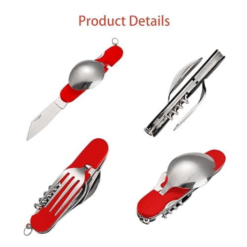 FUZVOL Folding Camping Cutlery Set Stainless Steel Portable Utensil 6 in 1 Multitool Outdoor Tableware for Travel, Hiking, Picnic (2 Pack), Black+Red — view 3