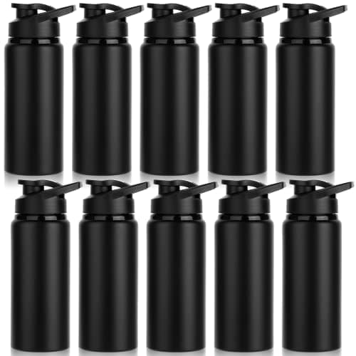 LYDTICK 10 Pack Water Bottles Bulk, 20oz Sports Aluminum Water Bottle with Snap Lids Metal Reusable Leak proof Personalized Bottle for Travel Camping Gym Hiking Fishing(Black)