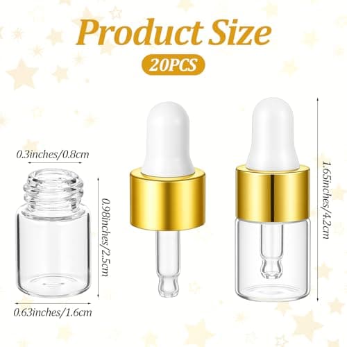 Sibba 20 Pcs Mini Dropper Bottle, 2ml Small Sample Bottle Empty Essential Oil Bottles with Gold Cap, Travel Empty Vails for Cuticle Oil Essential Oils Perfume — view 2