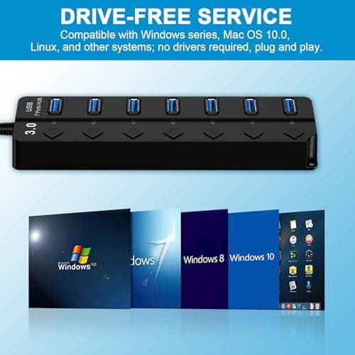 7 Port USB Hub 3.0, Multi USB Port Hub with Individual Power Switches and Led Indicators, High-Speed Multi Usb Port Splitter Adapter for PC, Laptop, Flash Drive, Keyboard, Mouse, Mobile, Usb Extender — view 4