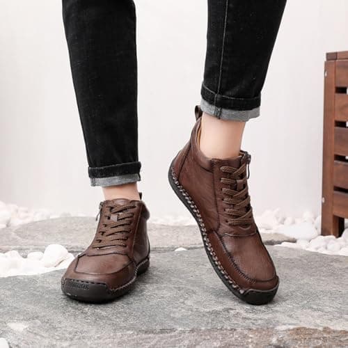 Mens Lace up Orthopedic Leather Boots Wide Fit Walking Shoes with Zipper Slip on Arch Support Flat Trainers Men Lightweight High Top Non-Slip Outdoor Hiking Trekking Sneaker (Bronze, 7.5) — view 5