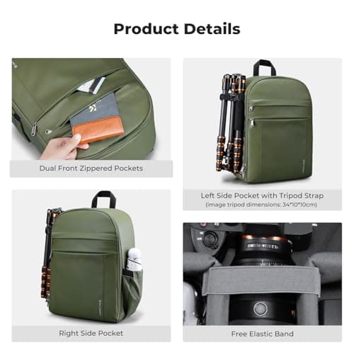 K&F CONCEPT Camera Backpacks for Photographers Travel Bag for Tripod Camera Lence Accessory with Laptop Compartment and Rain Cover (Green-pu) — view 6