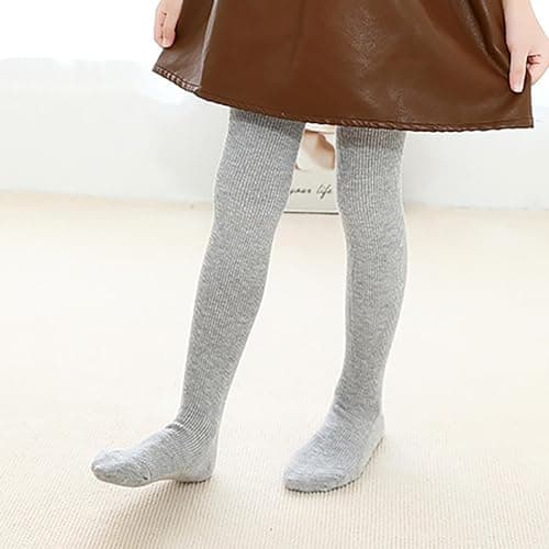 Kids Fleece Thermal Tights Baby Girls Plain Cotton Leggings with Feet Autumn Winter Thick Warm Ribbed Knitted Trousers Soft Comfort Stretchy Yoga Dance Pants (Grey, 1-3 Years) — view 5