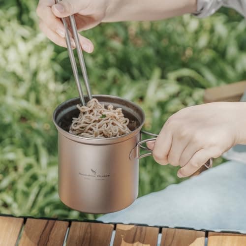 iBasingo Titanium Camping Cookset 750ml + 300ml Pot Pan Set with Folding Handle Lightweight Outdoor Cooking Mess Kit for Backpacking, Hiking & Travel Portable Compact Cookware Ti2037C — view 4