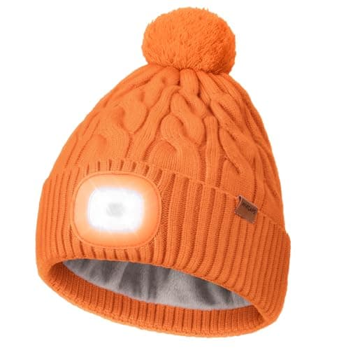 Wmcaps LED Beanie, Type-C Rechargeable with Thermal Fleece Lining Hands-Free Headlamp Light Up Winter Bobble Hat with Pom-Pom for Men and Women, Perfect Christmas Birthday Gift, Orange