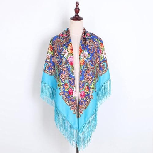 Women Lady Muslim Folk Custom Print Tassel Square Scarf Wrap Shawl Travel Scarve (Mint Green, One Size) — view 2