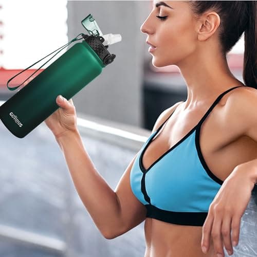 GOPPUS 1L/32oz Stainless Water Bottle with Straw Double Wall Insulated Bottles with Strap Reusable Vacuum Thermal Flask Leakproof Keep Cold Drinks Bottles with Flip Top Lid BPA Free (Green Black) — view 6