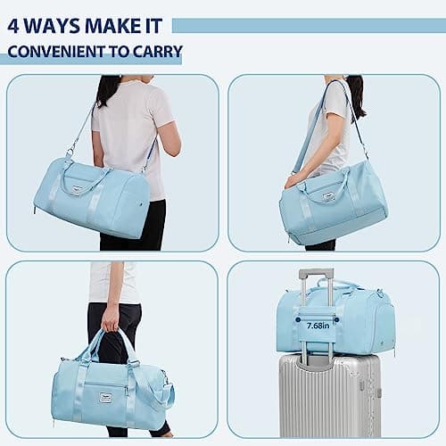 FIORETTO Womens Gym Sports Bag Travel Bag with Shoes Compartment & Wet Pocket, Weekend Overnight Duffle Hospital Bag Carry On Bag Holdall for Travel Swimming Light Blue — view 5