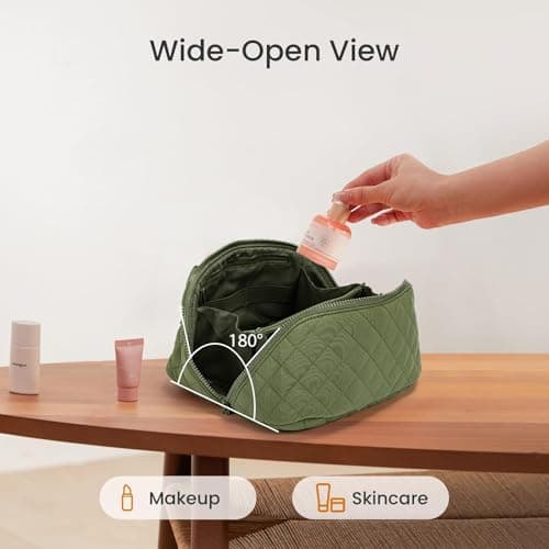 Travel Makeup Bag for Woman,Lay-Flat Puffer Cosmetic Organizer Pouch,Large Capacity Make Up Case Open Flat Toiletry Bags,Cosmetic Bags,Quilted Makeup Bags with Brush Compartment & Handle (Green) — view 3