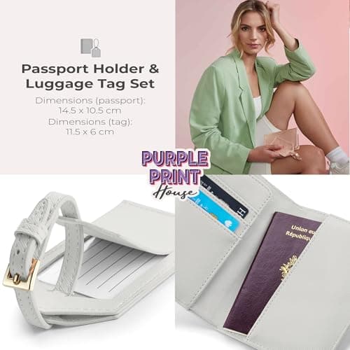 Prisée Personalised Initial Passport Holder and Luggage Tag Set - Suitcase Label for Travel Baggage Travel Gift Set for Him Her Matching Couples, Oyster — view 2