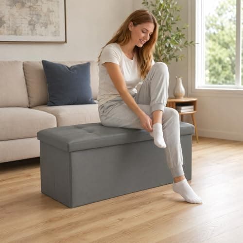 CROWNSHOP Ottoman Storage Bench Footrest Stool Seat Toy Chest Storage Box Folding with Lid Long Shoes Bench Footstool Suitable for Living Room (Dark Grey, Faux leather) — view 6
