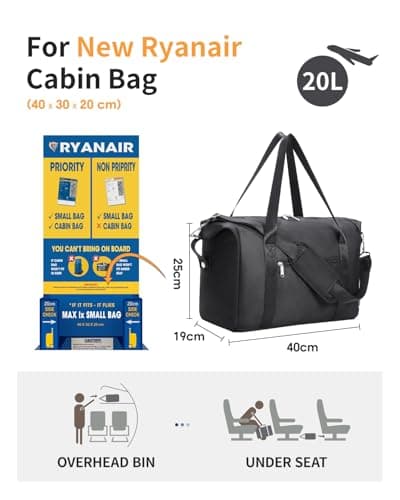Narwey for Ryanair Cabin Bag 40x30x20 Underseat Foldable Travel Duffel Ryan Air Hospital Bag Carry on Hand Luggage Holdall Tote Weekend Overnight Bag for Women and Men 20L (Black) — view 3