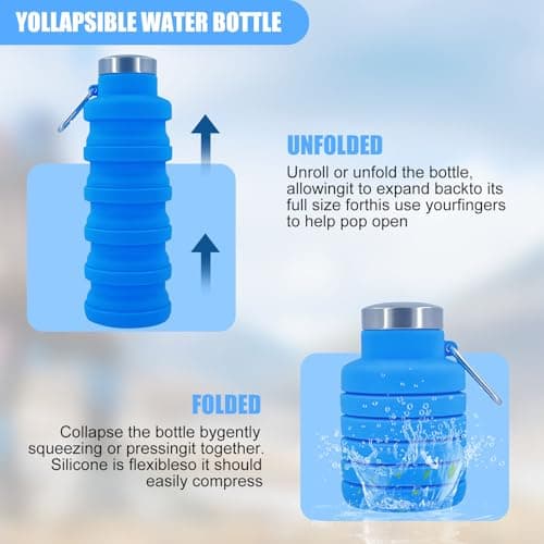 Collapsible Water Bottle, 500ml Silicone Water Bottle with Carabiner(Blue) — view 4