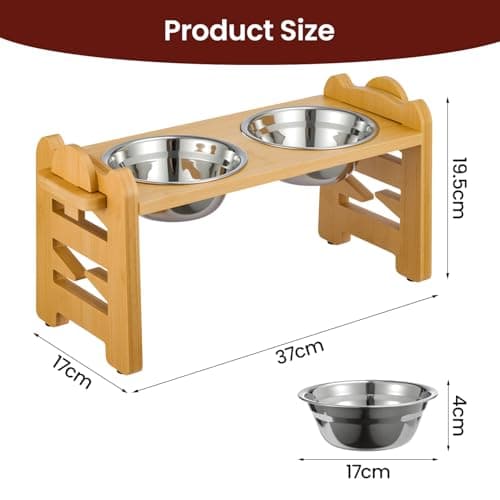 BREEZENEST Raised Dog Bowl 6-Level Adjustable Height, Bamboo Elevated Dog Bowls with Stand 15° Tilt, 2 Stainless Steel Pet Bowl, Anti-Slip Foldable Dog Feeding Station for Small Medium Dogs & Cats — view 2