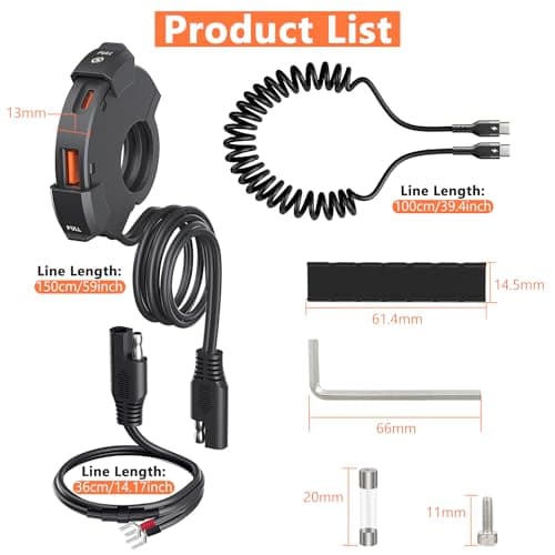 Motorcycle Charger 18W QC3.0 USB and 30W PD Type C Dual USB Port Waterproof Motorbike Phone Charger 12V USB Socket Adapter with 5A USB C to USB C Spring Cable Cable — view 5