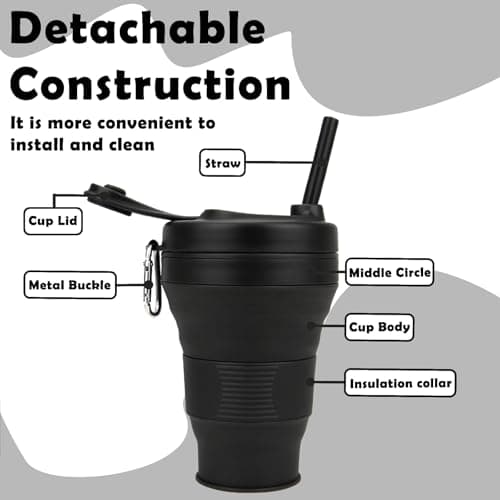 MORAINJAY Collapsible Coffee Cup with Lids,20oz/600ml Black Silicone Portable Reusable Coffee Mug,Foldable Camping Travel Cup Fits in Your Pocket(Collapses to 7cm) — view 3