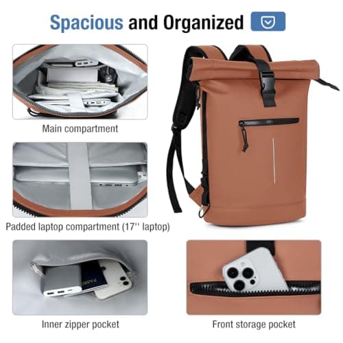 Lekeinchi 17-Inch Waterproof Laptop Backpack for Men and Women - Roll Top Design for School, Travel, Business, Work, and Camping(Brown) — view 4