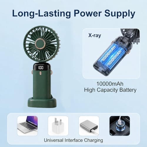 glonest Portable Handheld Fan Rechargeable, Foldable Mini Desk Fan with Smart LED Display, Powerful USB Battery Operated Personal Cooling Fan for Travel Office Home Outdoor Camping (Dark Green) — view 4