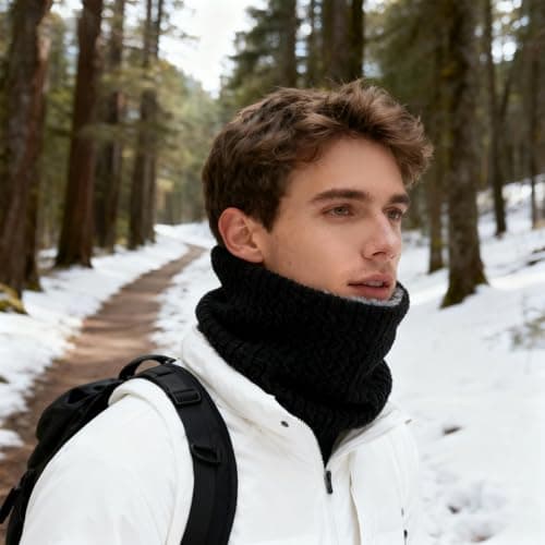 KASLCWA Winter Neck Warmer, Thick Knit Double-Layer Fleece Thermal Snoods, Windproof Dustproof Snood Circle Scarf Neck Gaiter for Cycling Skiing Motorcycle Outdoor for Men Women (Black) — view 5