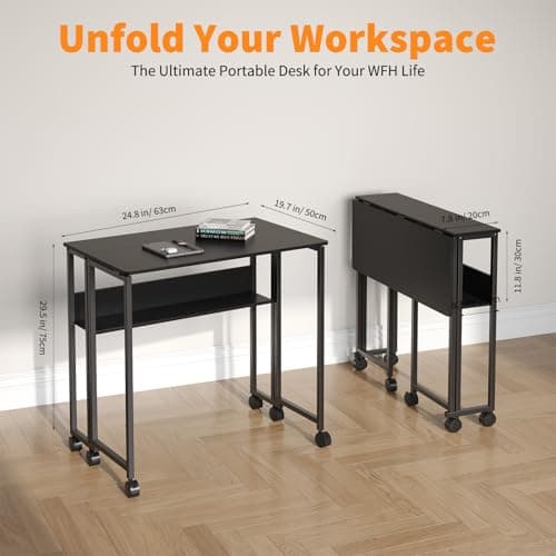 Djioyer Folding Desk with Storage Shelf, Space Saving Computer Desk, Foldable Writing Table on Wheels, Writing Study Desk, Easy Assembly, for Home Office Small Space Black — view 3