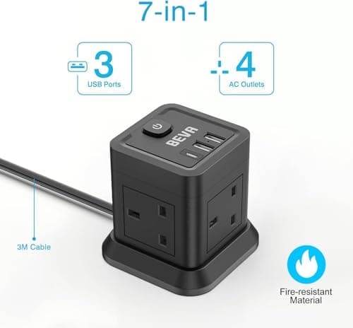 Extension Lead Cube 3M With USB Slots, BEVA 4 Way Extension Socket With 3 USB Ports, Power Strip With Switch Multi Plug Extension with 3 Metre Long Cable For Home Travel Office Dorm-Black… — view 3