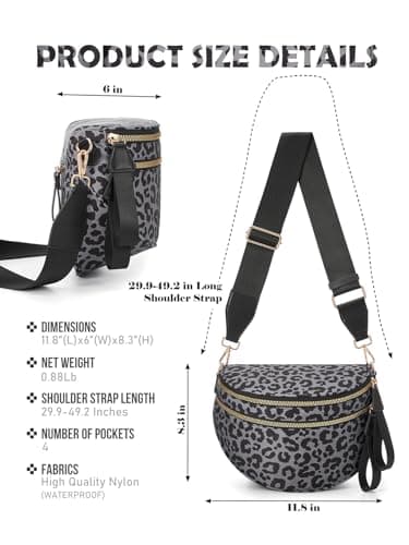Pure Colour Crossbody Bag Bum Bag for Women,Spacious Purse Fanny Packs Belt Bag,Oversized Bum Bag, Black Grey Leopard Print Bum Bag, 11.0 Inches X 8.6 Inches X 4.5 Inches, Casual — view 3