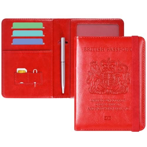 DMLuna Passport Holder, Premium PU Leather Travel Passport Wallet RFID Blocking Passport Cover Case Travel Documents Organizer with Pen Holder, for Women and Men - Red