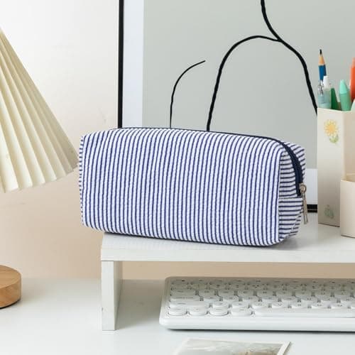 Pencil Case for Girls, Seersucker Striped Pen Bag Aesthetic Cute Stationery Pouch Large Capacity Multifunctional Design for Travel Storage — view 2