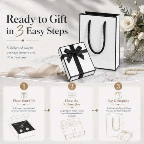 Gift Bag and Gift Box Set,7 x 9 x 3 cm Small White Jewellery Gift Box with Lid and Ribbon Bow,Gift Box with Soft Foam Insert for Rings,Earrings,Necklace,Birthdays and Weddings — view 3