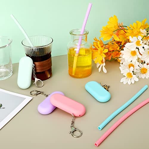 Prasacco 4 Sets Silicone Straws Reusable Straws with Case Foldable Straws Portable Drinking Straws for Travel Party — view 6
