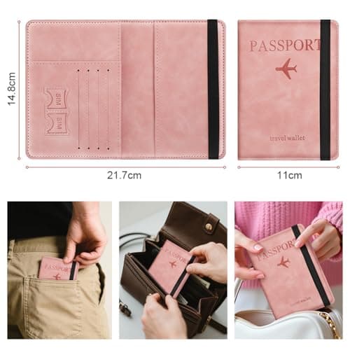 AOOSU Passport Holder Cover, PU Leather Passport Cover with RFID Blocking Travel Wallet, Portable Universal Travel Wallet Case Organiser for Money, Boarding Passes, Credit Cards Pink — view 2