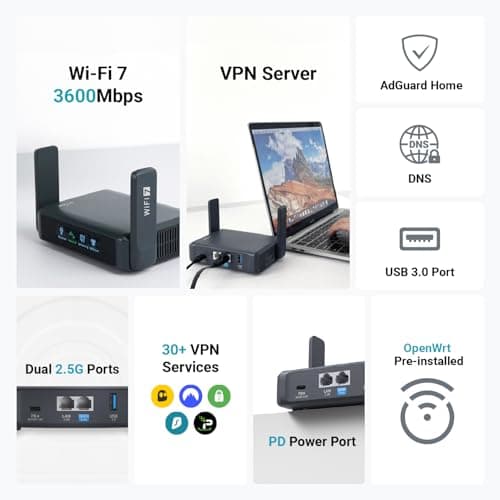 GL.iNet GL-BE3600 Slate 7 Wi-Fi 7 Travel Router Touchscreen 2.5G | Dual-Band Wi-Fi 7, dual 2.5G ports, OpenWrt 23.05, touchscreen, OpenVPN plus WireGuard, 300 g pocket size — view 3