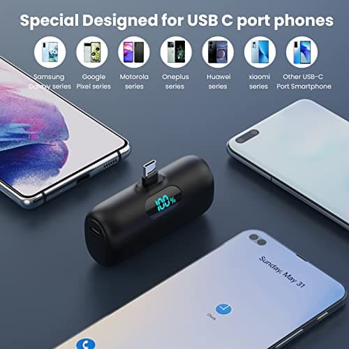 Feob Power Bank USB C 5000mAh,15W PD 3.0A Fast Charging Portable Charger Mini Power Bank LCD Display Battery Pack Compatible with iPhone 17/16/15 Series, Samsung S25/S24/S23 Series, USB C Phones etc — view 3